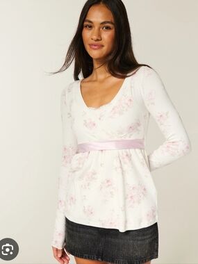 Hollister White & Pink Floral Long-Sleeve Wrap Babydoll Top